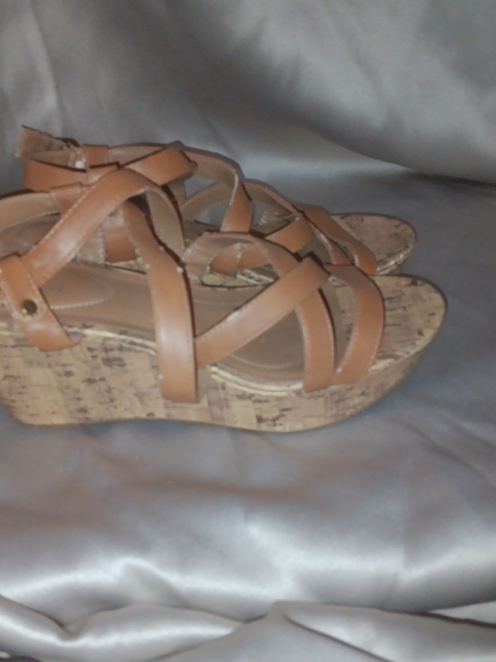 Style & Co. Tan Strappy Cork Wedge Sandals with Ankle Buckle